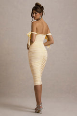 Citrus | Pale Lemon Bardot Bodycon Midi Dress With Bow Sleeves