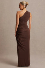 Darcie | Brown Asymmetric-Neck Maternity Maxi Dress