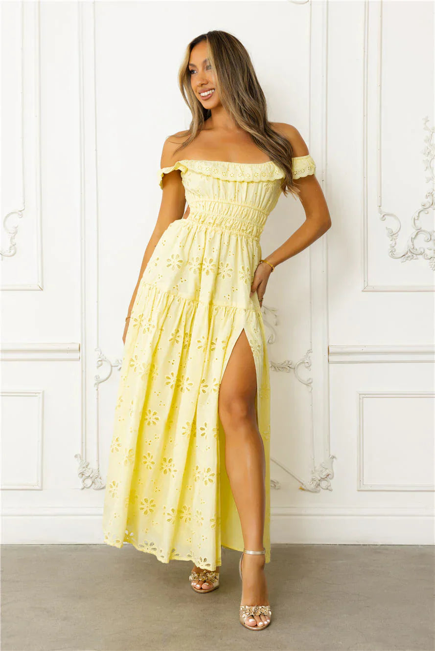 Secrets You Keep Off Shoulder Embroidered Maxi Dress Yellow