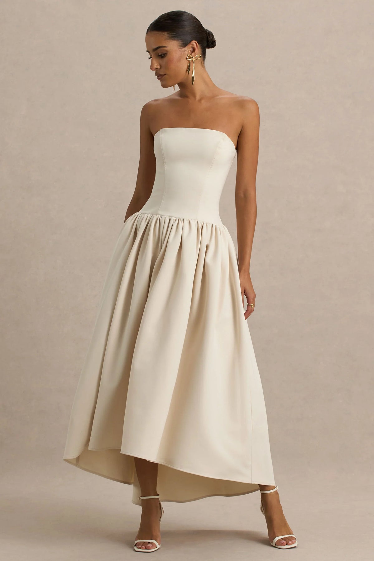 Candice | Cream Bandeau Volume Midi Dress With Back Bow Detail