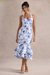 Arla | Blue Floral Halter-Neck Ruffle Trim Midi Dress