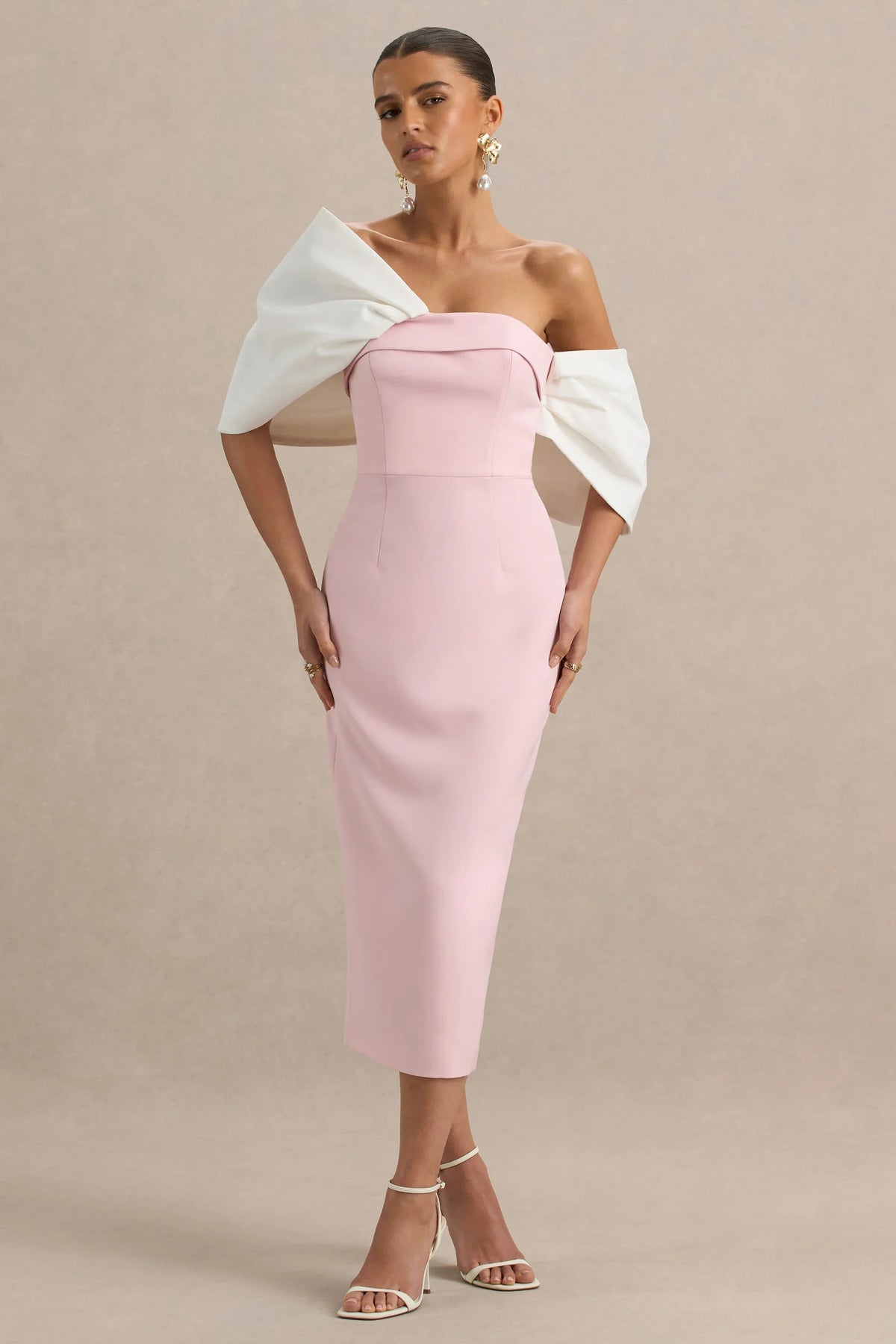Lucille | Rose Pink & White Asymmetric Bardot Midi Dress