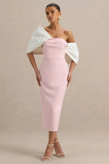 Lucille | Rose Pink & White Asymmetric Bardot Midi Dress
