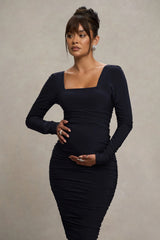 New Life | Navy Maternity Square Neck Ruched Midi Dress