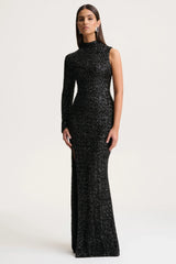 Mery | Black Sequin High-Neck Wrap Maxi Dress With One-Long Sleeve