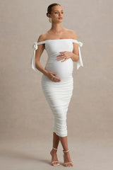 Chandelier | White Bardot Maternity Midi Dress With Bow Details