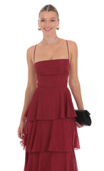 Shimmer Crinkle Maxi Dress in Maroon