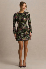 Moonlit | Winter Floral Mesh And Sequin Crew-Neck Mini Dress