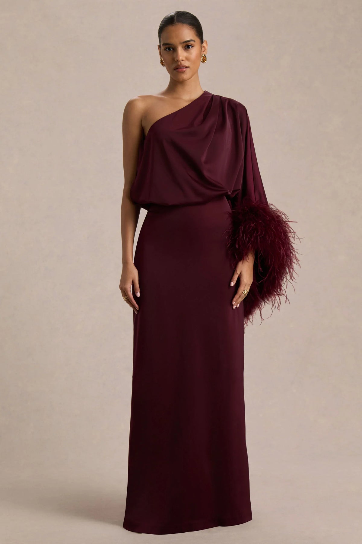 Felicity | Burgundy Satin Asymmetric-Neck Maxi Dress With Feather Detailing