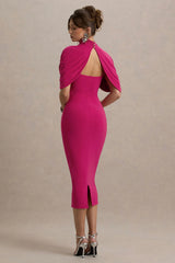 Cecille | Hot Pink Midi Dress With Cape Sleeve Detail