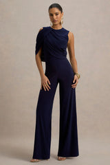 Opulence | Navy Jumpsuit With Cape Sleeve and Draped Details