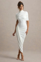 Enchant | White Asymmetric Twisted Cape Midi Dress