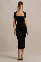Chrissy | Black Velvet Square-Neck Midi Dress With Mesh-Sleeves And Ruched Detailing