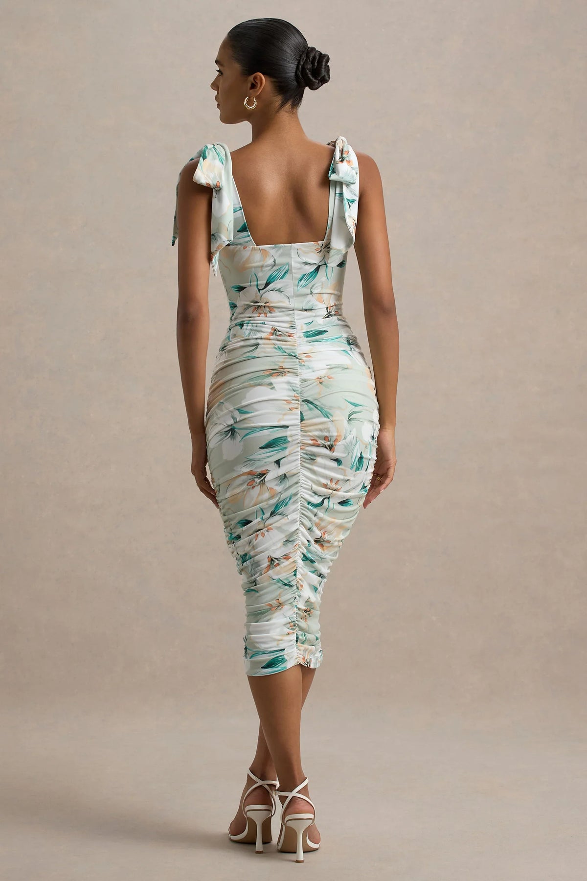 Cordelia | Green Floral Print Bodycon Midi Dress With Bow Straps