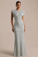 Aurah | Silver Sequin Crew-Neck Maxi Dress With Cap Sleeves