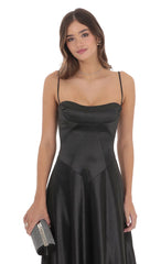 Satin Square Neck Maxi Dress in Black