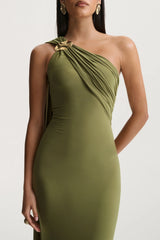 Mandy | Olive Asymmetric-Neck Maxi Dress With Gold-Detail