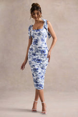 Cordelia | Blue Porcelain Print Bodycon Midi Dress With Bow Straps