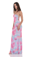 Floral Open Back Maxi Dress in Blue and Pink