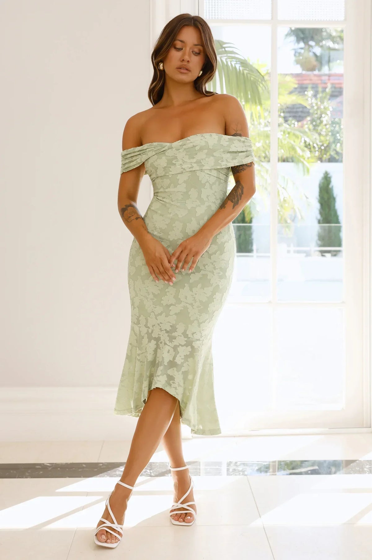 Botanical Embrace Off Shoulder Midi Dress Sage