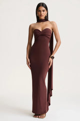 Sheila | Dark Brown Bandeau Maxi Dress With Scarf Detail