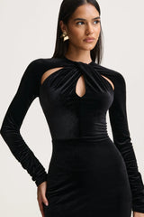 Francine | Black Velvet Round-Neck Midi Dress With Cut-Out Details
