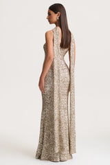 Renelle | Gold Sequin Halter-Neck Maxi Dress