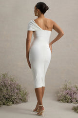 Admired | White Ruched One-Shoulder Maternity Midi Dress