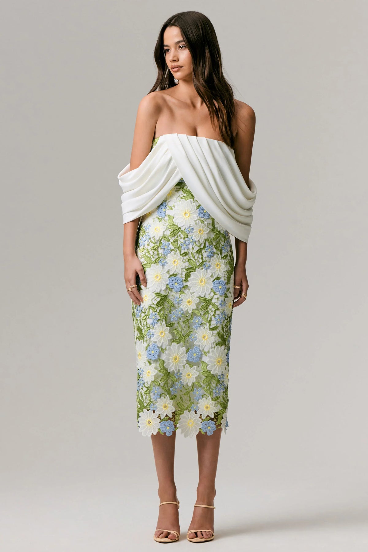 Entitled | Cream Floral Lace Bardot Midi Dress