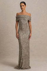 Melina | Champagne Sequin Bardot-Neck Maxi Dress