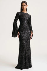 Romea | Black Sequin High-Neck Maxi Dress With Cape Sleeves