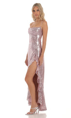 Sequin Ruffle Dress in Rose Gold