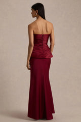 Milia | Burgundy Satin Hand-Embellished Strapless Corset Maxi Dress