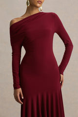 Isola | Burgundy Asymmetric-Neck Midi Dress With Drop-Waist