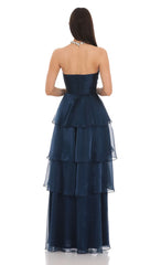 Corset Ruffle Strapless Maxi Dress in Navy
