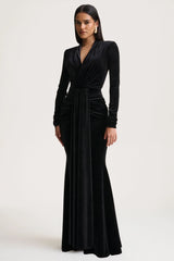 Halima | Black Velvet Plunge-Neck Maxi Dress With Gathered Detailing