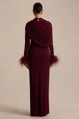 Gatsby | Burgundy High-Neck Maxi Dress With Feather Trim Cuffs