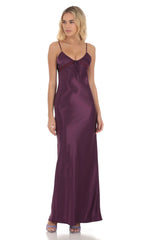 Satin Front Tie Maxi Dress in Purple