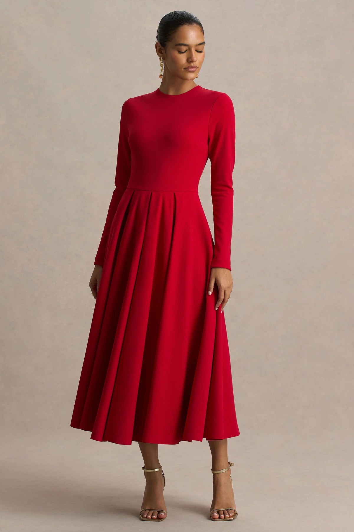 Bellamy | Red Crew-Neck Long-Sleeve Midi Dress