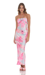 Satin Floral Halter Maxi Dress in Pink and Blue