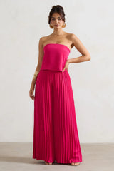 Tammi | Dark Pink Satin Strapless Plisse Wide-Leg Jumpsuit