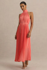 Tulip | Coral Pleated High-Neck Midi Dress