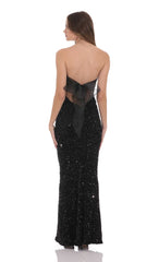 Velvet Sequin Strapless Maxi Dress in Black