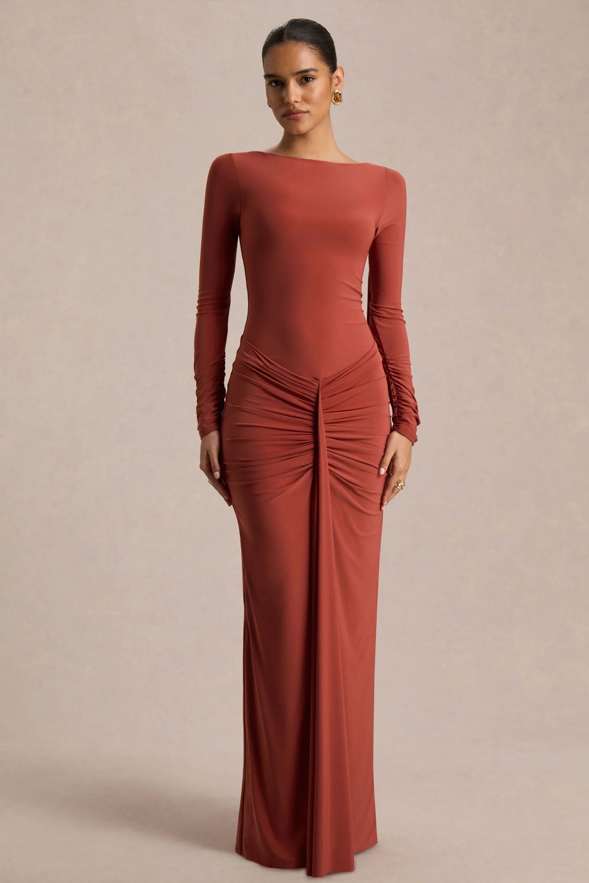 Matilda | Rust Boat-Neck Maxi Dress With Ruched Detailing