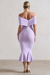 Lydia | Pastel Lilac Bardot Bow Detail Midi Dress