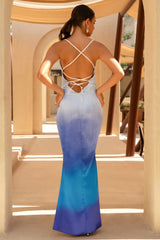Fiji | Blue Ombre Satin Cowl-Neck Strappy Slip-Maxi Dress