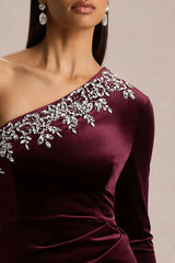 Nyssa | Burgundy Embellished Asymmetric-Neck Maxi Dress