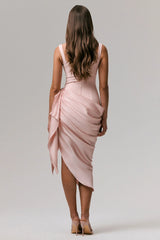 Letitia | Pale Pink Square-Neck Floral Detailed Wrap Midi Dress