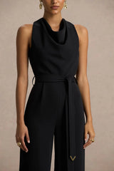 Corina | Black Cowl-Neck Jumpsuit With Tie-Detail