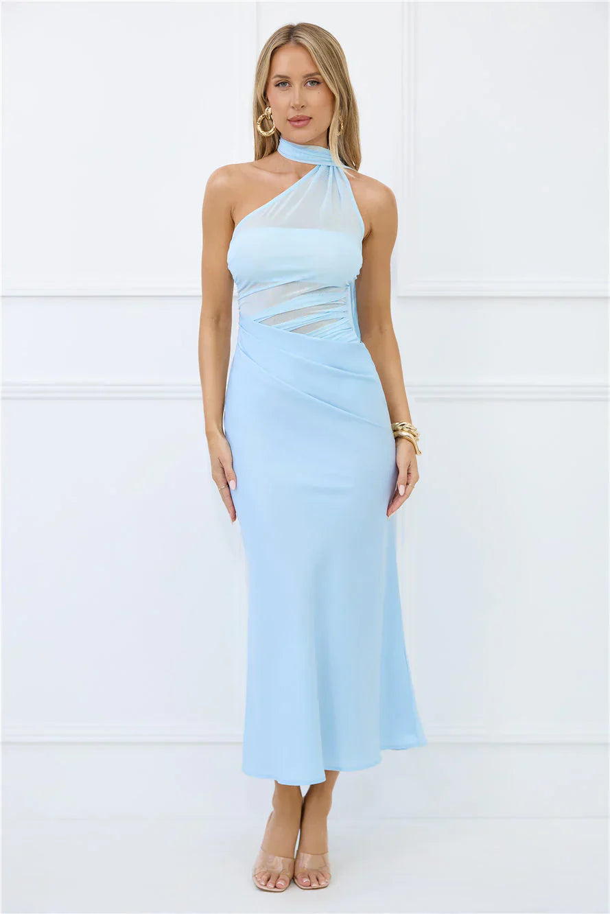 Sapphire Diva Halter Mesh Satin Maxi Dress Blue